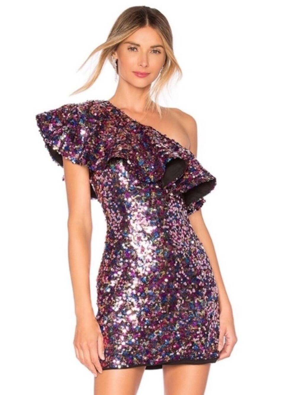 Majorelle Ariana Pink One-Shoulder Sequin Ruffle Mini Dress Multicolor large